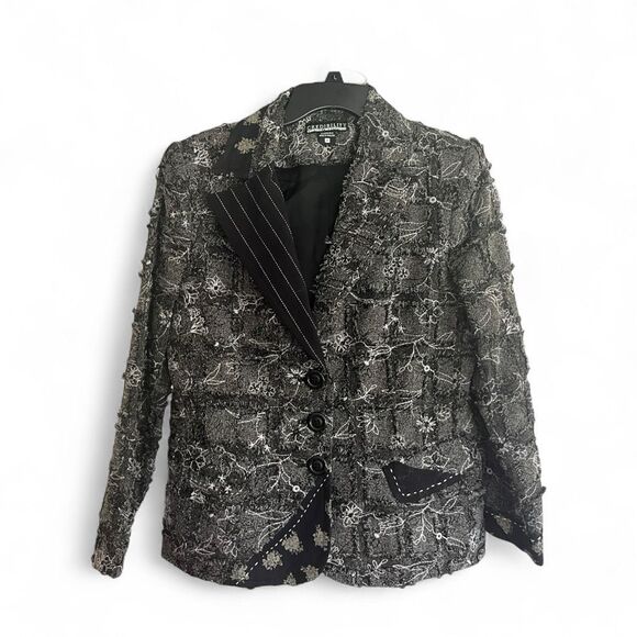 Credibility by Sheer Dorenick Blazer Jacket Size 12 Black White Floral Textured - Picture 1 of 6